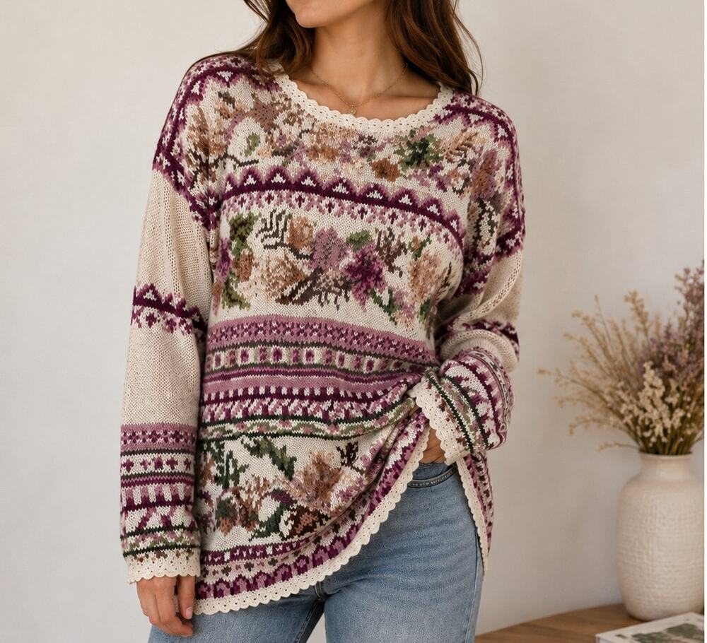 Vintage Heirloom Collectibles Floral Ramie Cotton Cottagecore Sweater M